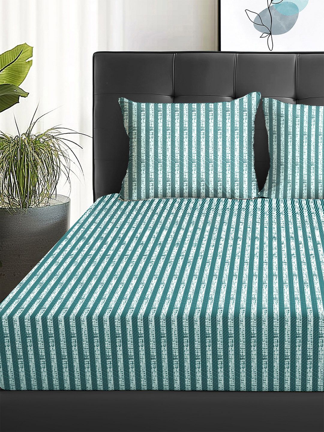 Story@home Arena Green & White Striped Microfiber 180 TC Queen Bedsheet & 2 Pillow Covers