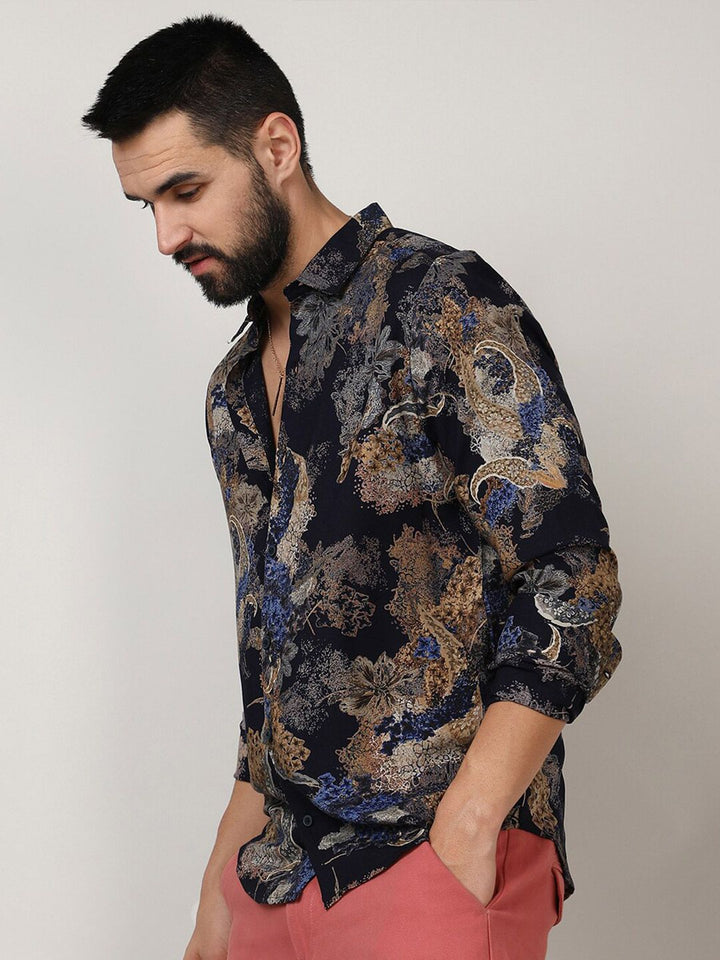 Campus Sutra Black Classic Floral Printed Spread Collar Casual Shirt