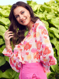 STREET 9 Pink Abstract Printed V-Neck Ruffles Top