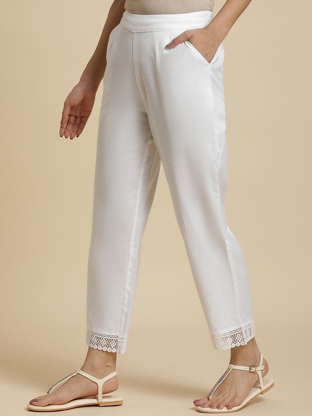 W Plain Straight Fit Mid Rise Cotton Parallel Trousers