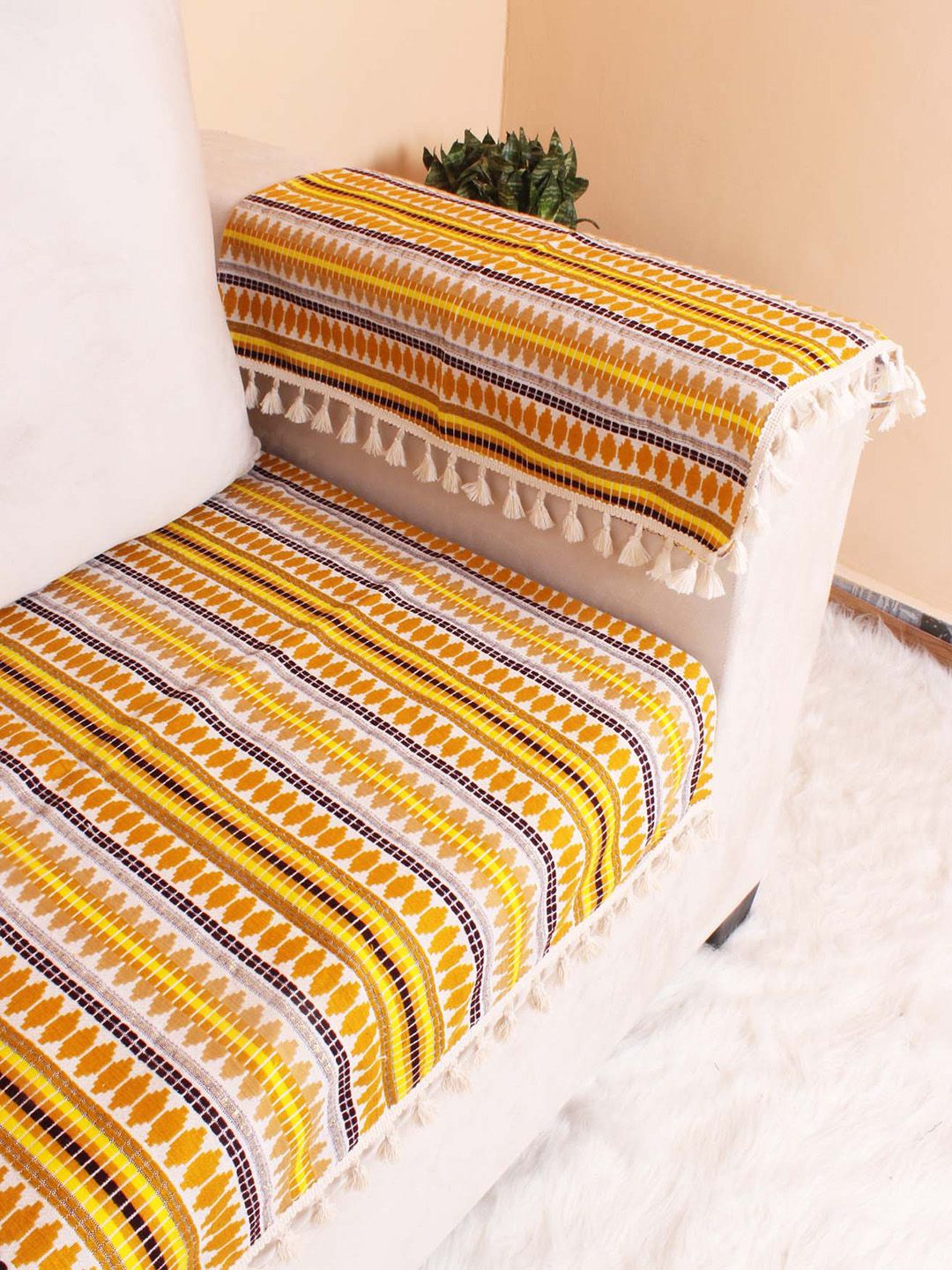 STITCHNEST Yellow & White Self Design Jacquard 3-Seater Sofa Cover