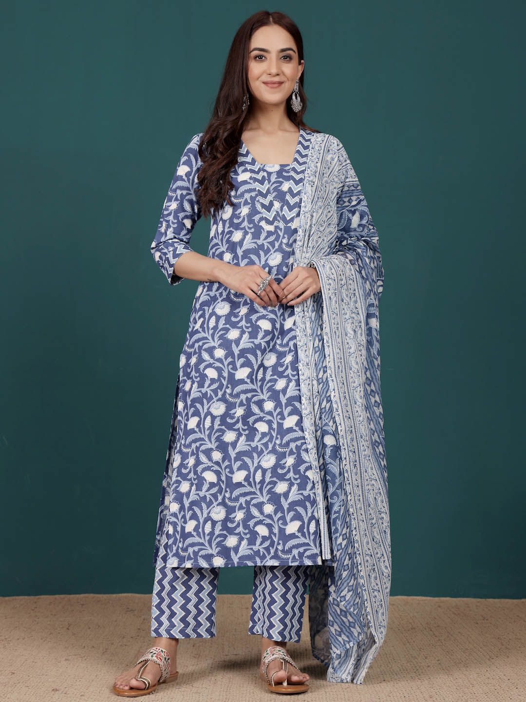 Varanga Floral Printed V-Neck Pure Cotton Straight Kurta With Trousers & Dupatta