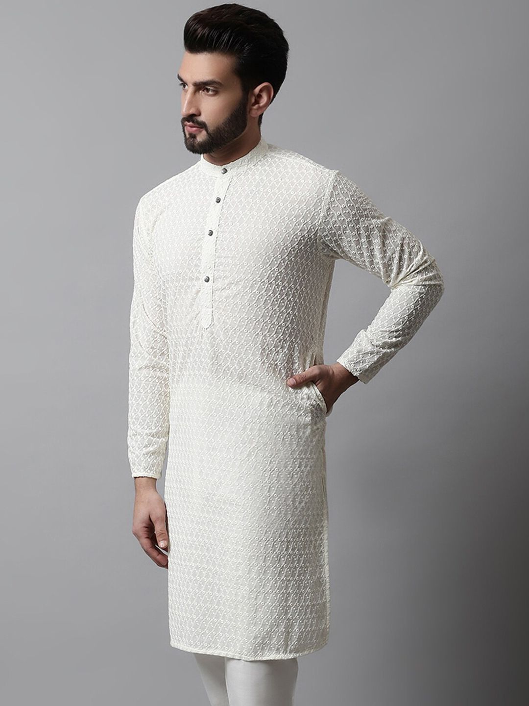 Jompers Men Cream-Coloured Geometric Thread Work Kurta