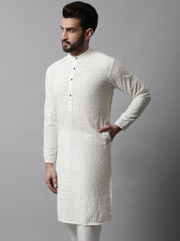Jompers Men Cream-Coloured Geometric Thread Work Kurta