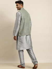 SOJANYA Mandarin Collar Regular Kurta With Churidar & Nehru Jacket