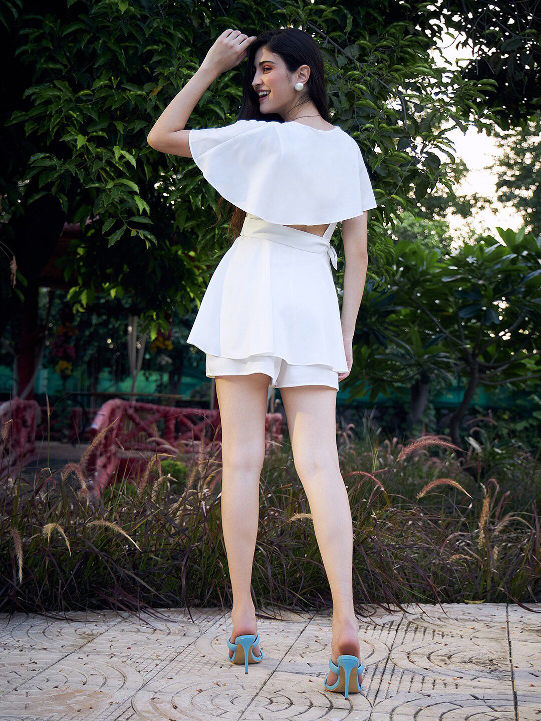 Berrylush White V-Neck Flared Ruffled Playsuit