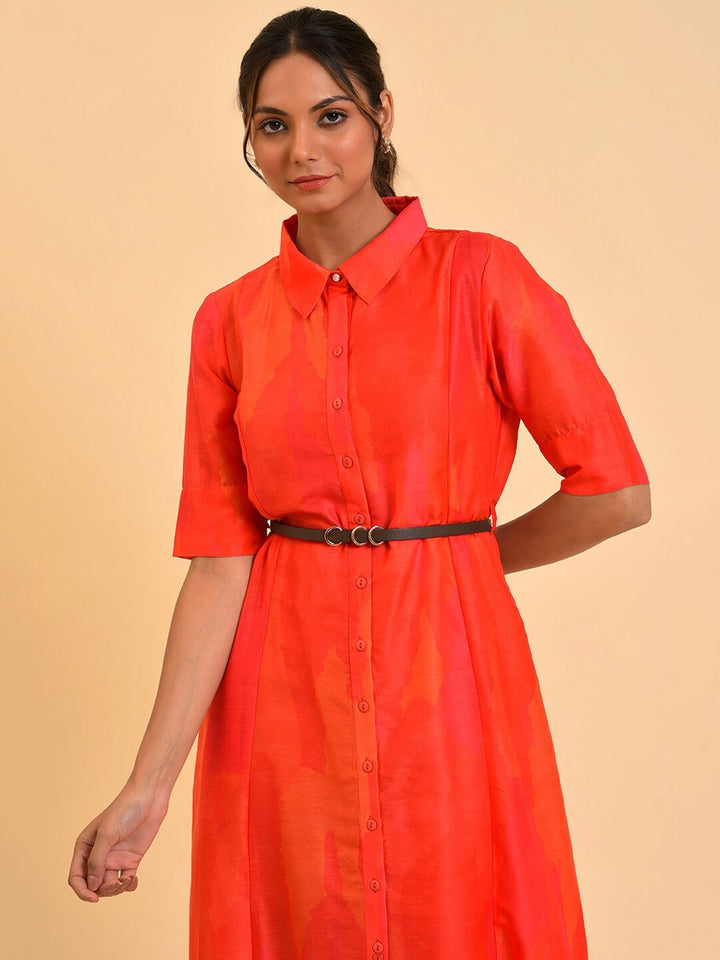 W Red Shirt Midi Dress With Belt
