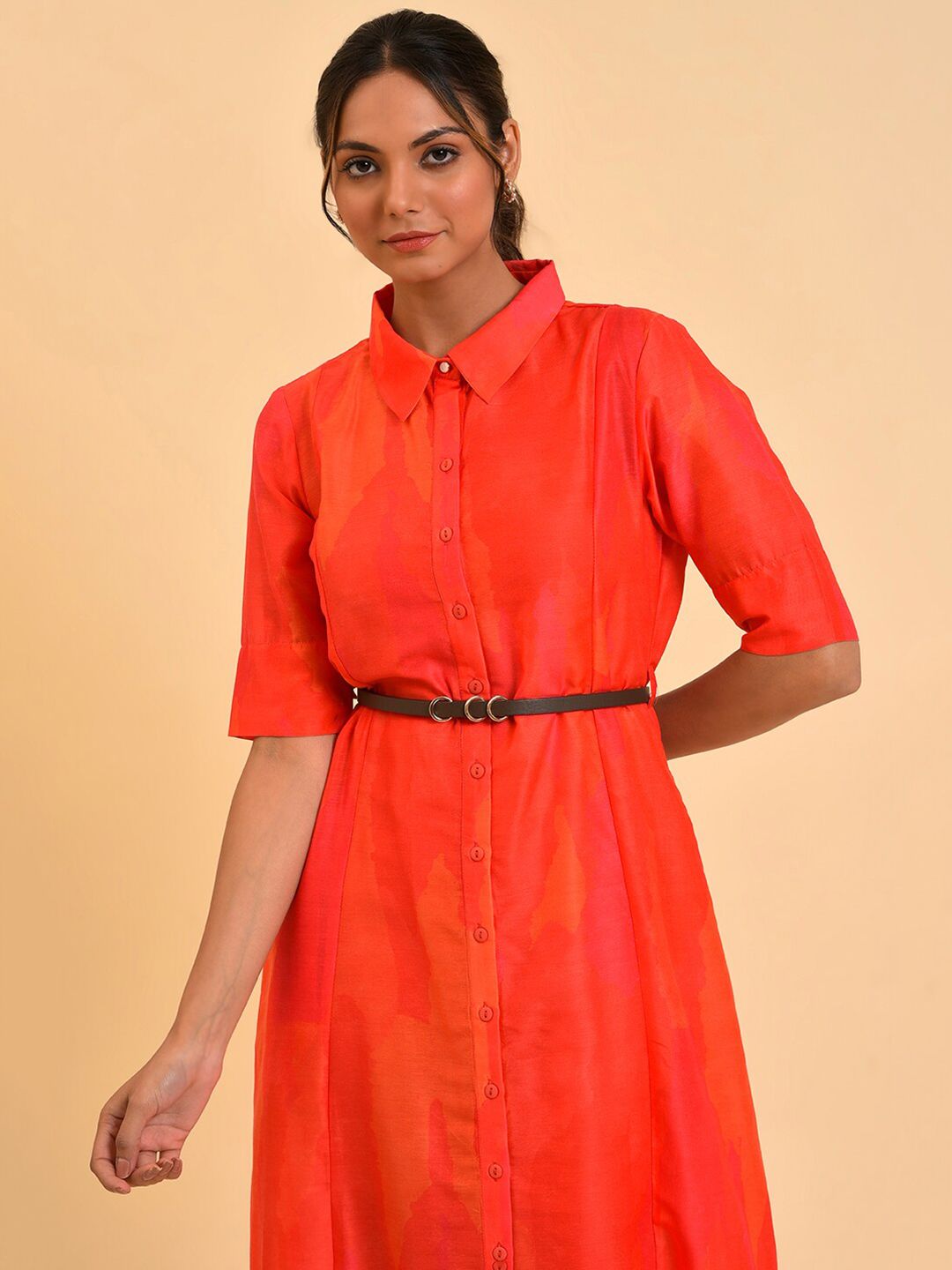 W Red Shirt Midi Dress With Belt