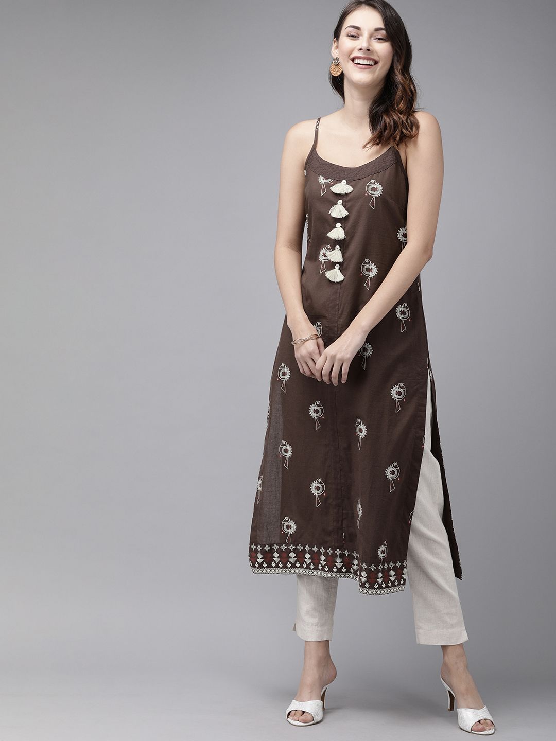 Anouk Women Coffee Brown & Beige Ethnic Motifs Print Straight Kurta with Tasselled Detail
