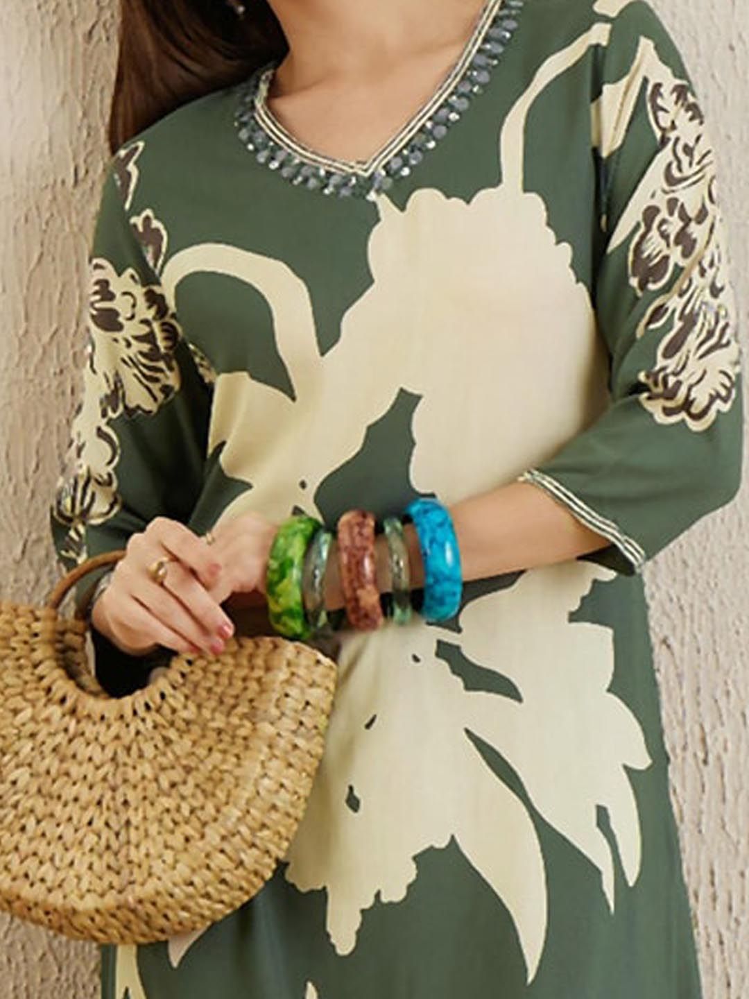 Indo Era Floral Printed V-Neck Sequinned Straight Kurta with Salwar