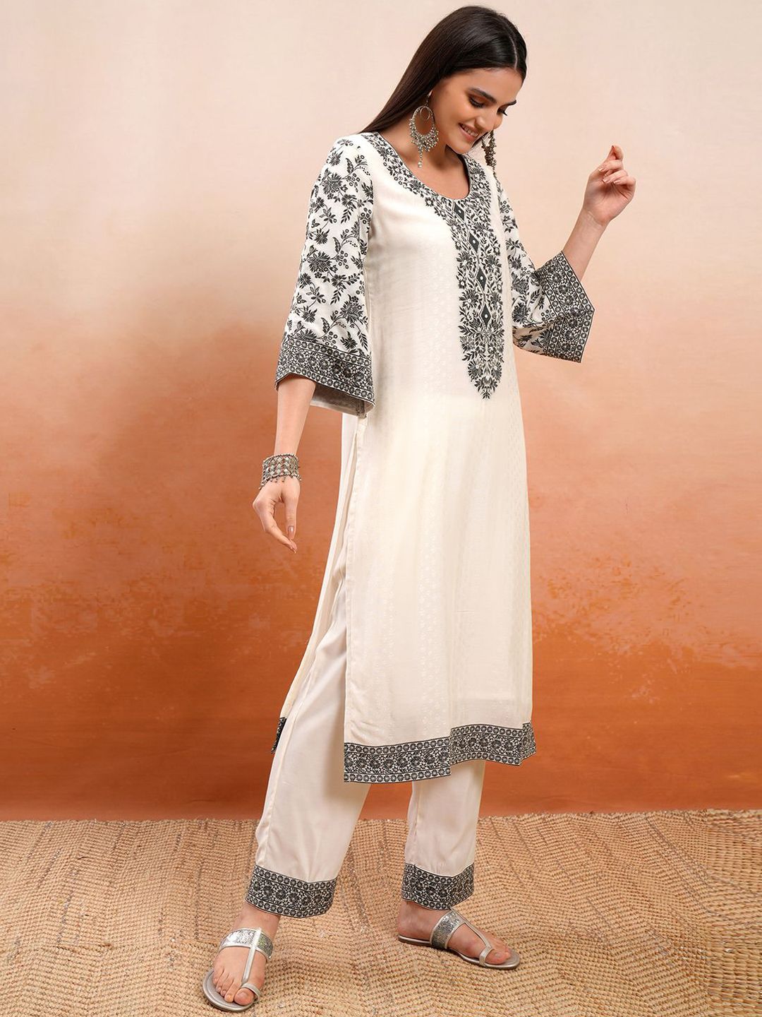 Vishudh Cream Coloured Thread Work Pure Cotton Straight Kurta With Trousers & Dupatta