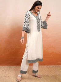 Vishudh Cream Coloured Thread Work Pure Cotton Straight Kurta With Trousers & Dupatta
