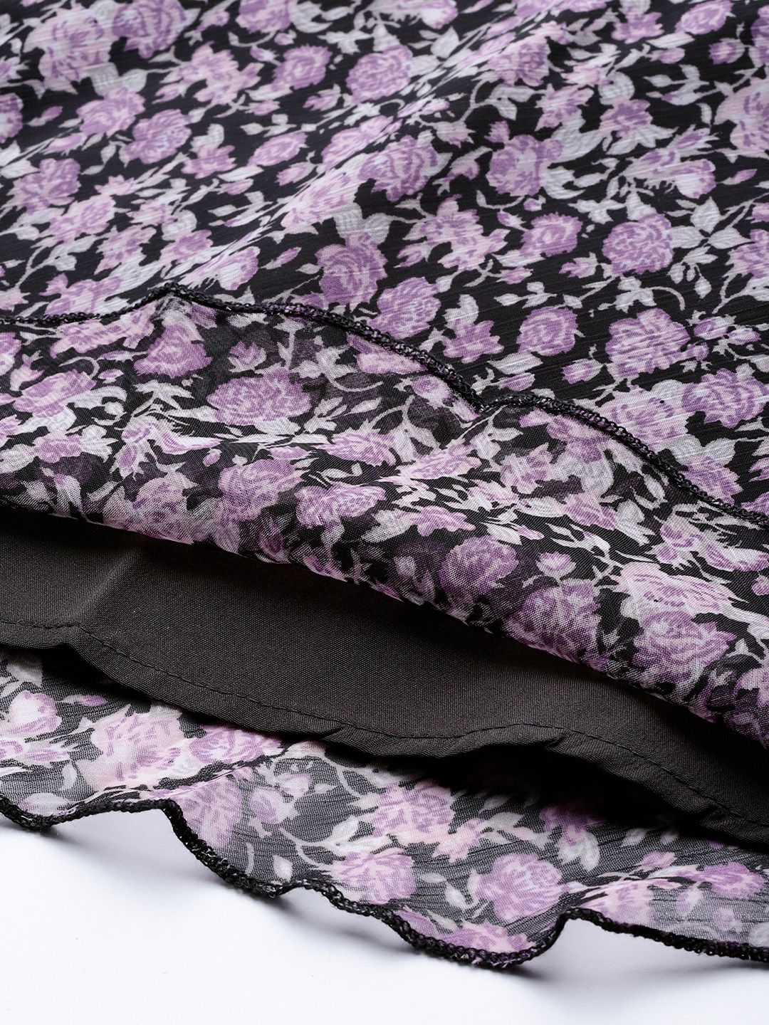 Antheaa Women Black & Lavender Floral Print Bishop Sleeves Peplum Top