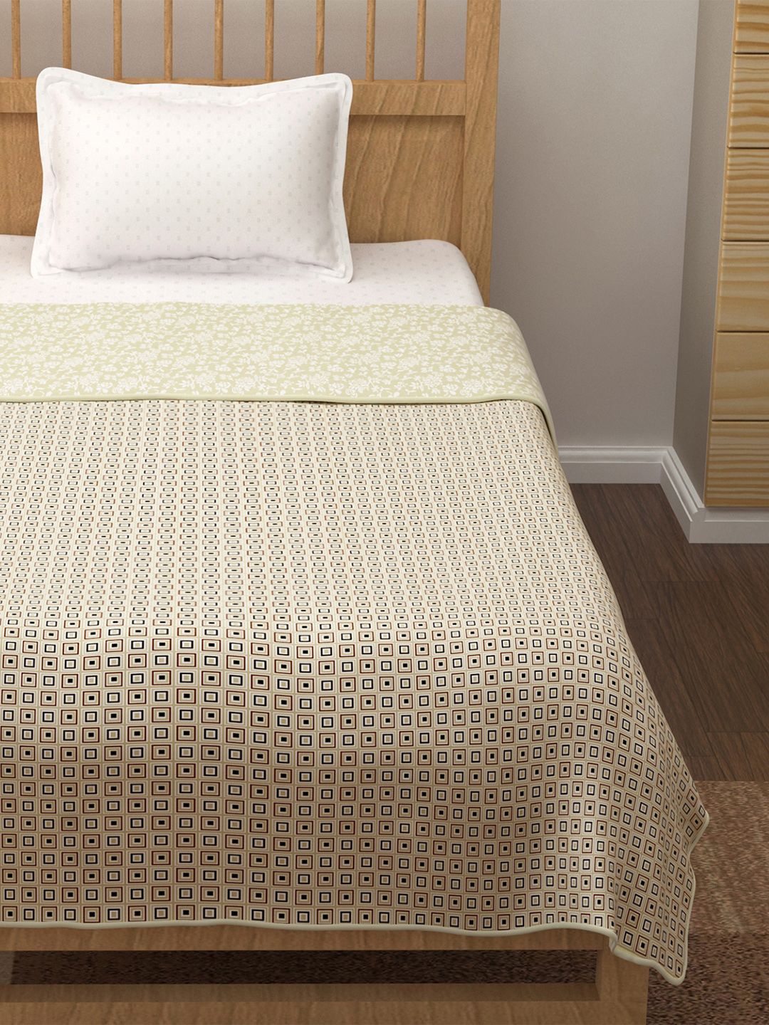 Story@home Beige Printed AC Room 150 GSM Reversible Cotton Single Bed Dohar