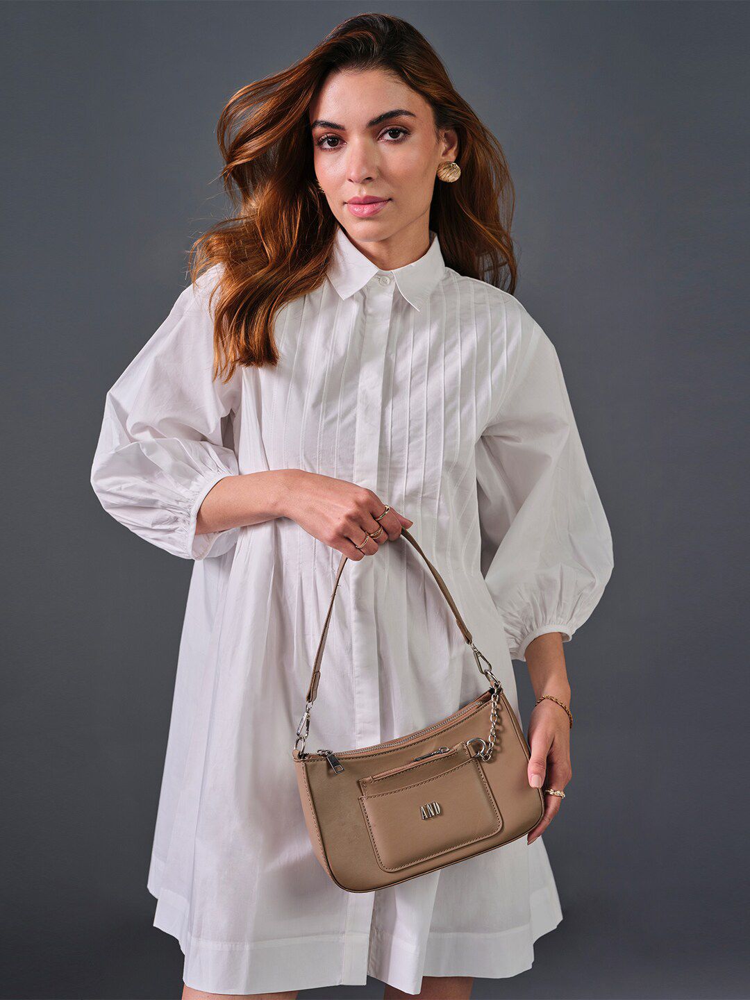 AND Self Design Cuffed Sleeves Cotton Shirt Dress
