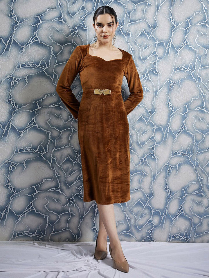 Athena Brown Sweetheart Neck Embellished Detailed A-Line Midi Dress