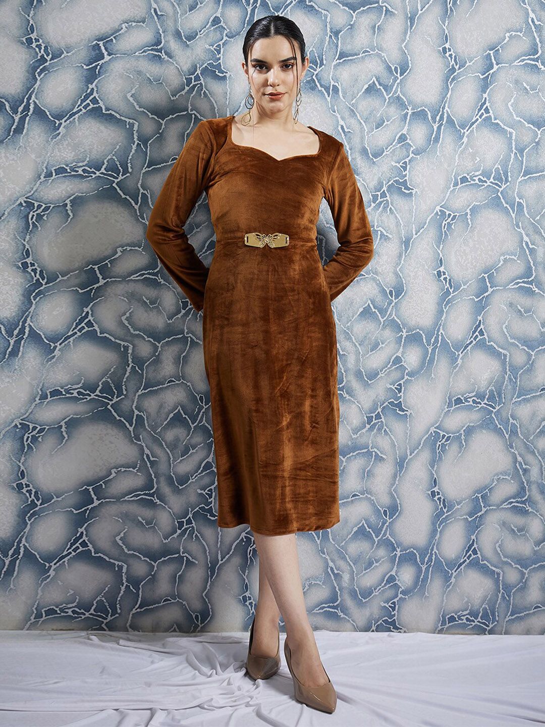 Athena Brown Sweetheart Neck Embellished Detailed A-Line Midi Dress