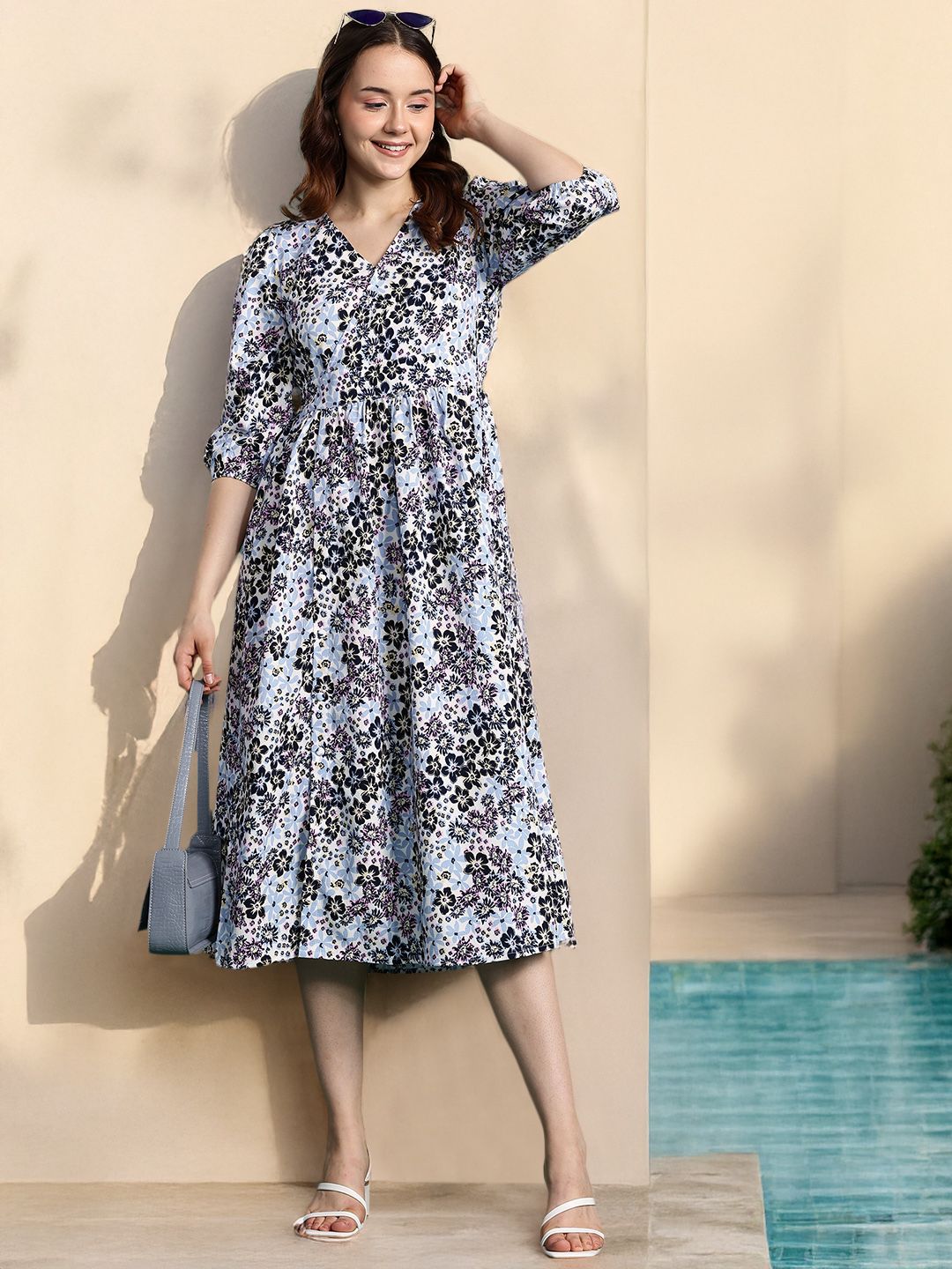 DressBerry Floral Print Puff Sleeve Fit & Flare Midi Dress