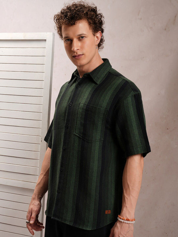 LOCOMOTIVE Premium Fit Striped Dobby Textured Drop-Shoulder Sleeves Oversized Shirt