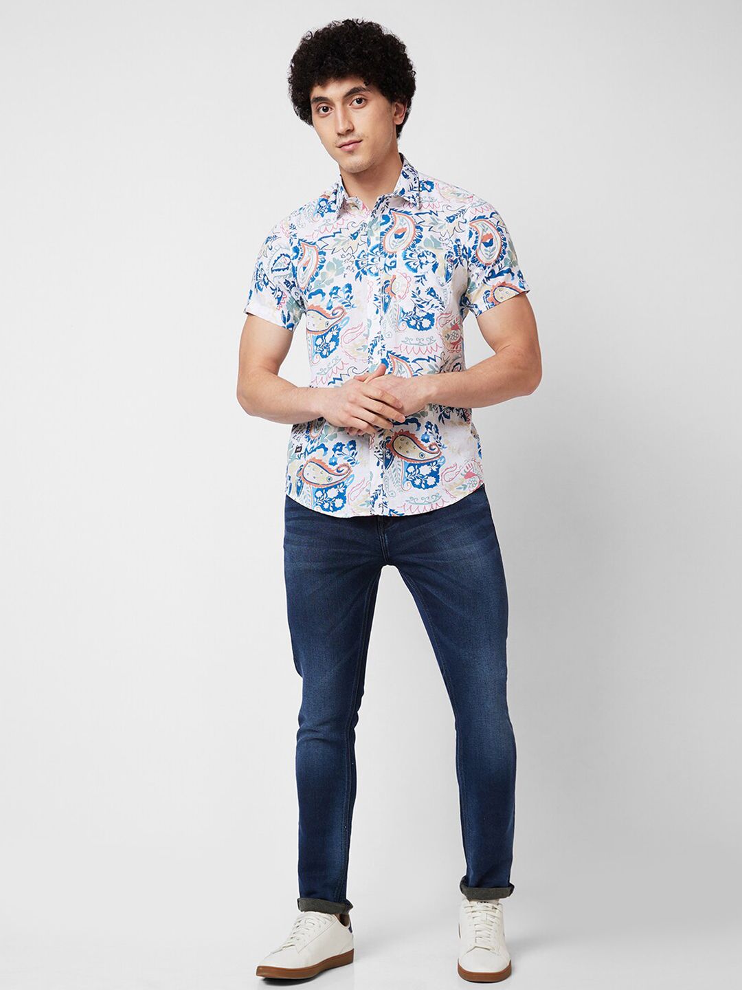 SPYKAR Spread Collar Short Sleeves Floral Printed Cotton Casual Shirt