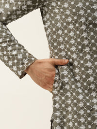 SOJANYA Men Olive Green Chikankari Embroidered Kurta with Churidar & Nehru Jacket