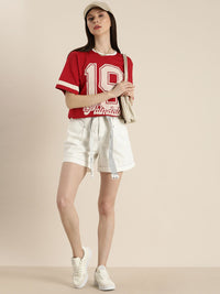 DILLINGER Women Red & Beige Varsity Printed Pure Cotton Loose T-shirt