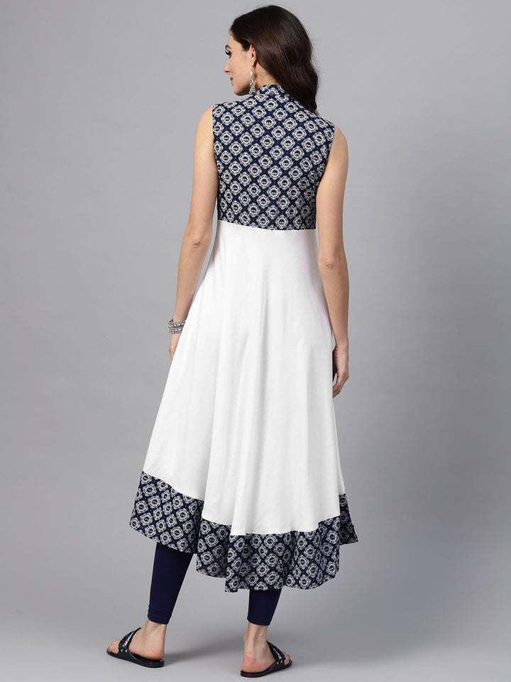 SOJANYA Wanita Navy Blue & White Yoke Design Anarkali Kurta