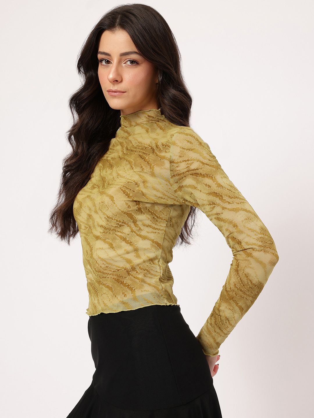 DressBerry Y2K Glam Animal Textured Jacquard Semi Sheer Top