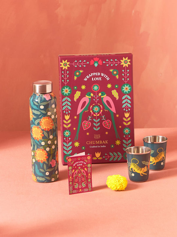 Chumbak Marigold Green & Yellow 3 Pieces Printed Stainless Steel Drinkware Gift Set