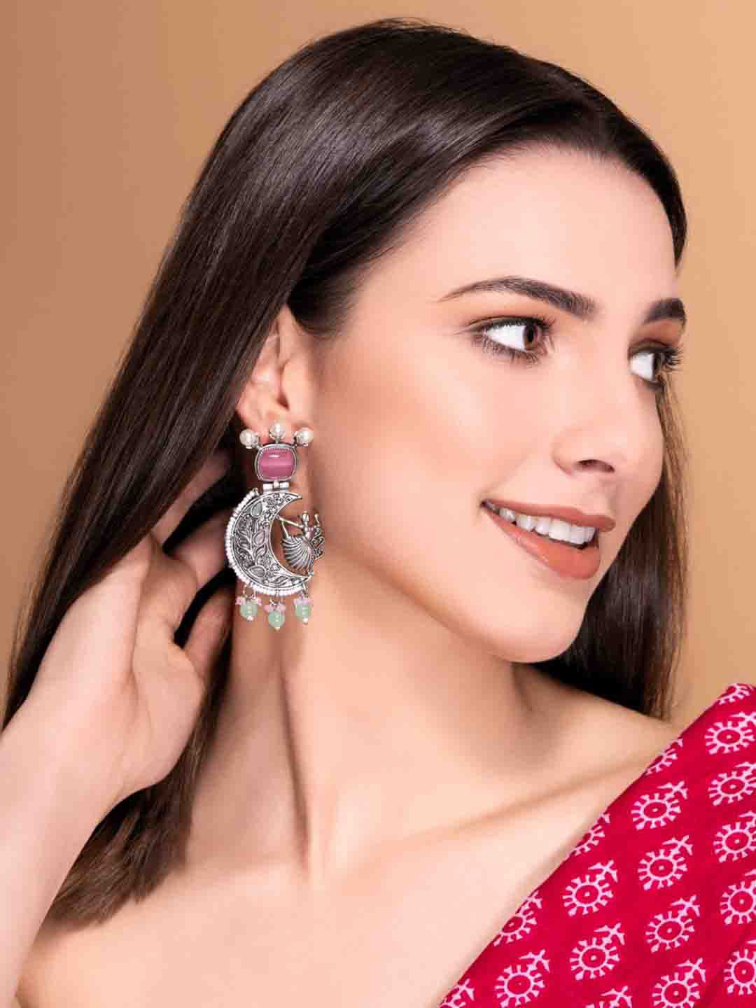 PANASH Silver-Plated Stones Studded And Beaded Contemporary Shaped Oxidized Drop Earrings