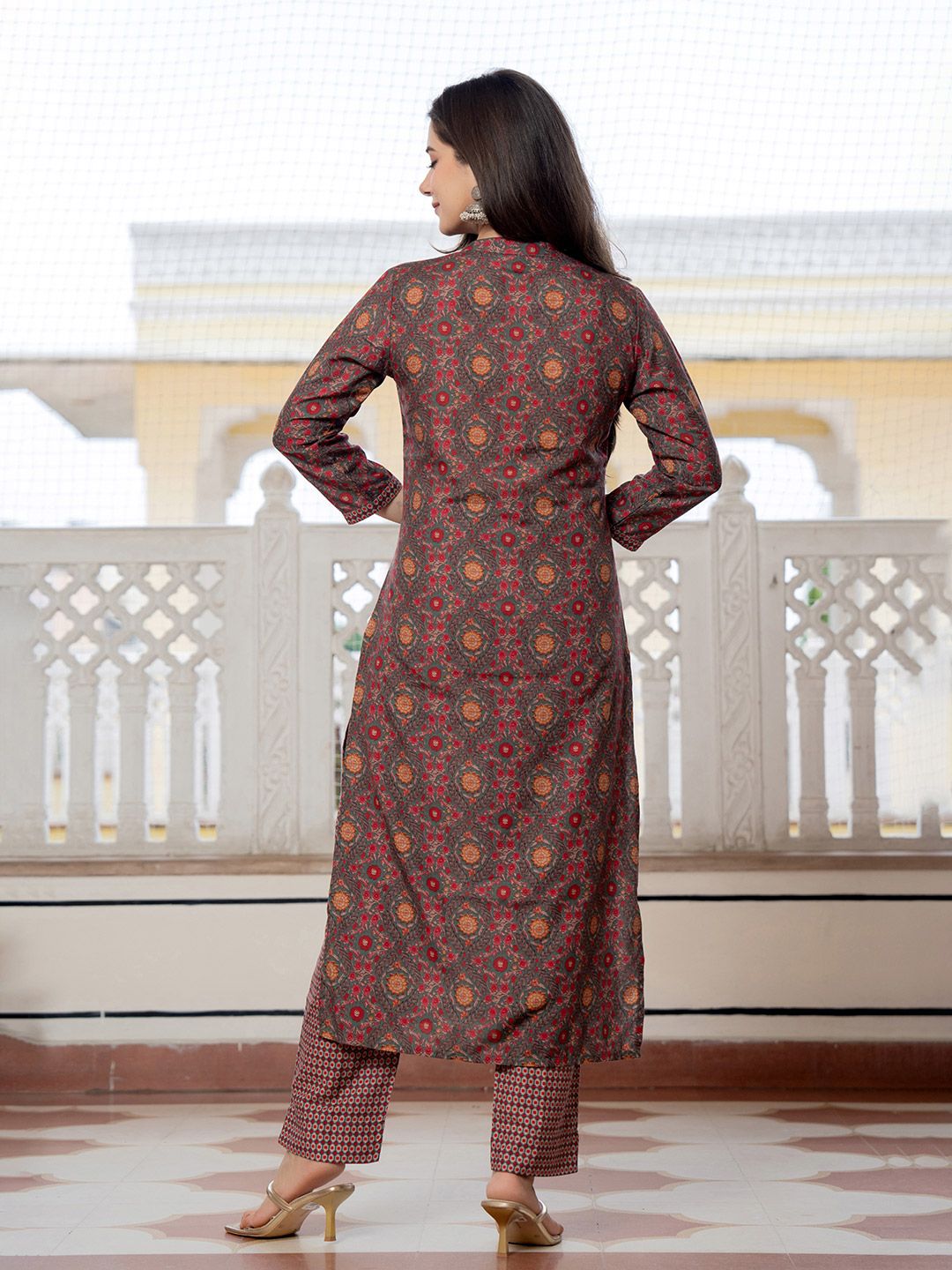 KALINI Floral Printed Sequinned Straight Kurta With Trousers & Dupatta