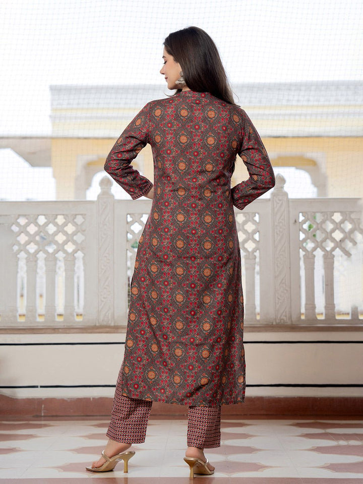 KALINI Floral Printed Sequinned Straight Kurta With Trousers & Dupatta