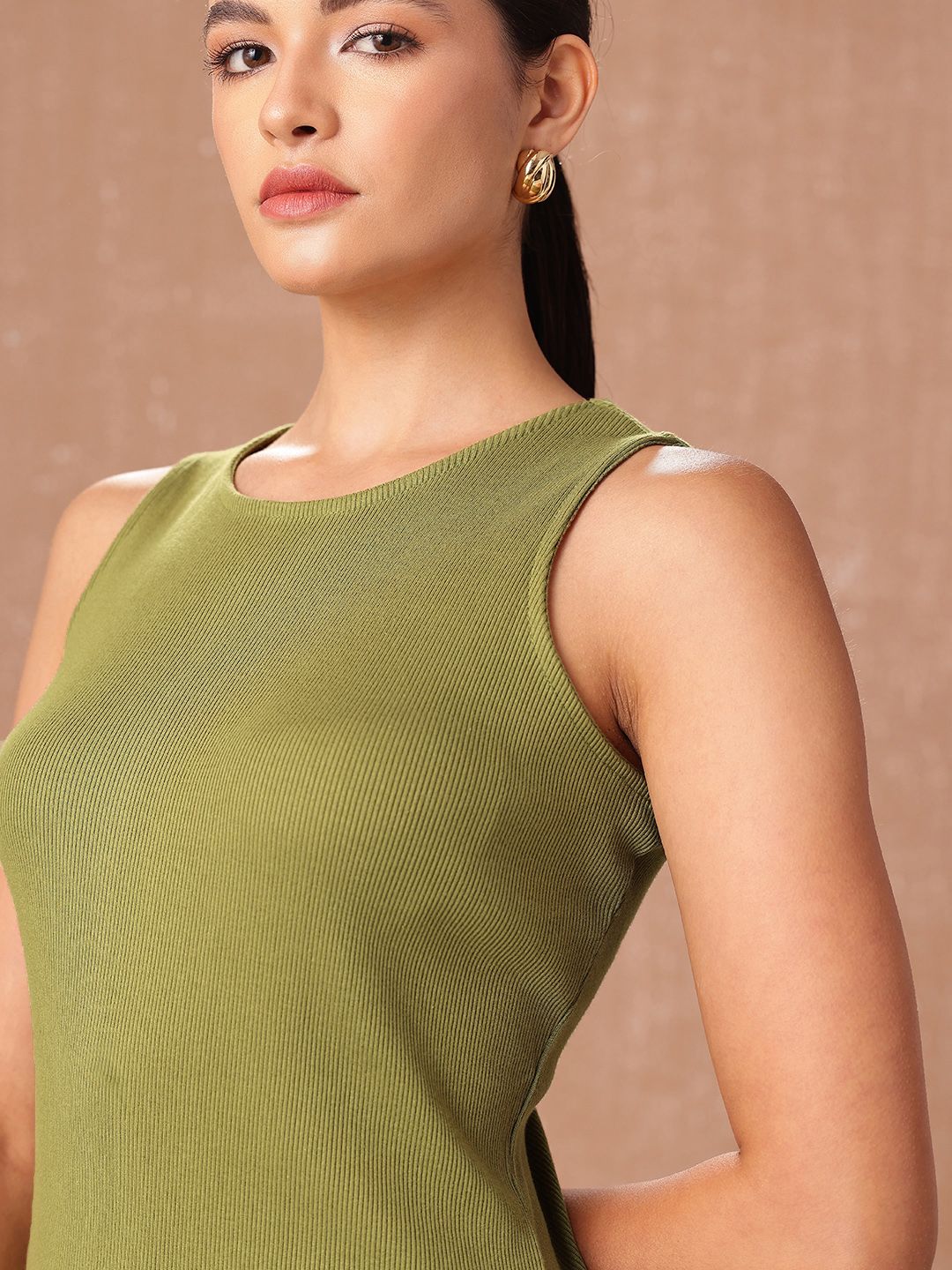 all about you Pure Cotton Ribbed Sleeveless Side Slits Sheath Midi Dress