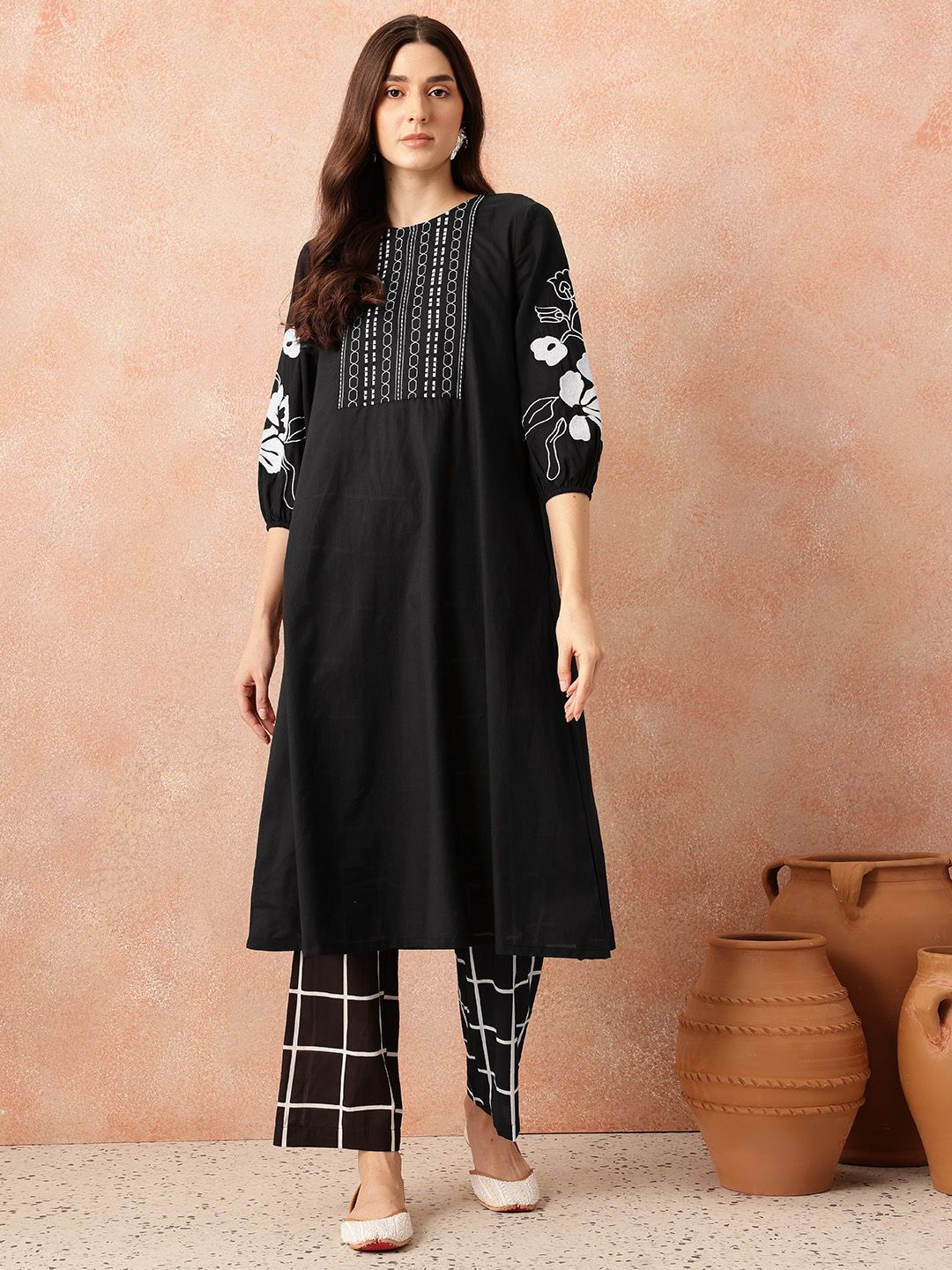 all about you Yoke Design Regular Thread Work Pure Cotton Kurta & Trousers