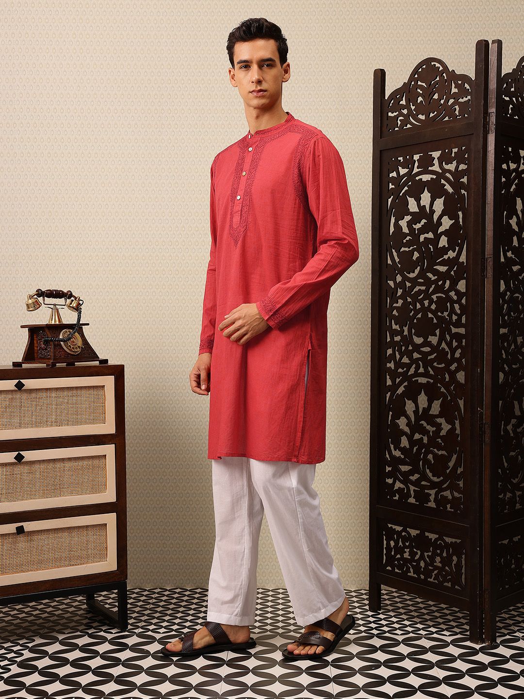 House of Pataudi Striped & Embroidered Pure Cotton Jashn Kurta with Trousers
