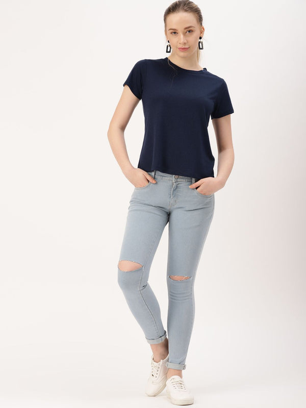 DressBerry Women Navy Blue Solid Round Neck T-shirt