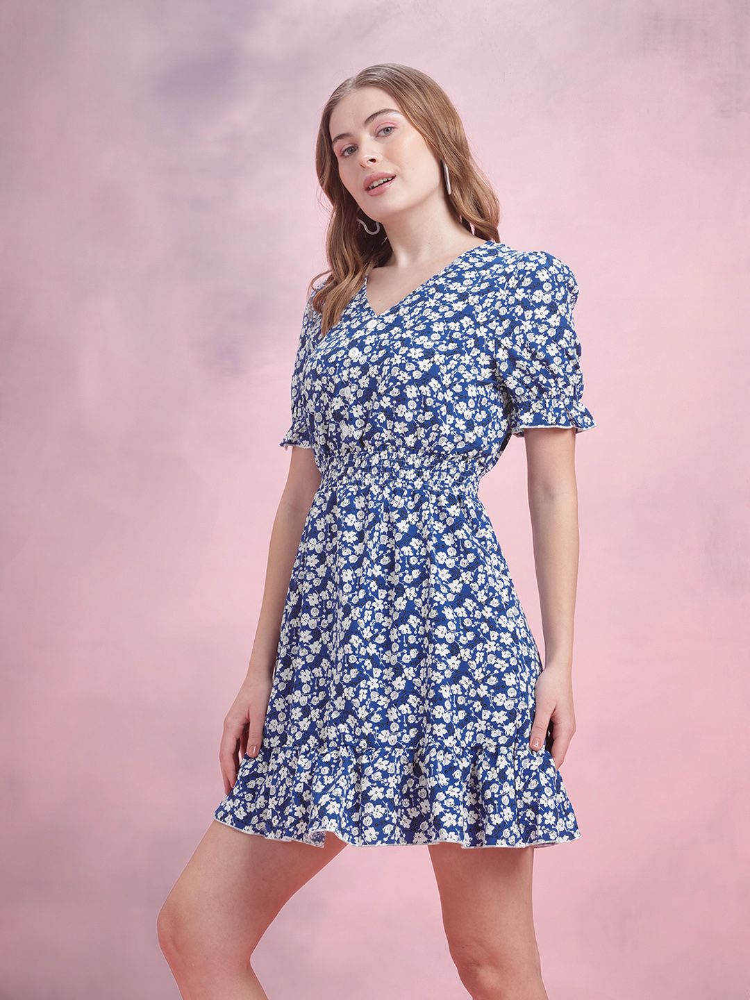 DressBerry Floral Print Smocked Puff Sleeves A-Line Mini Dress with Buttons