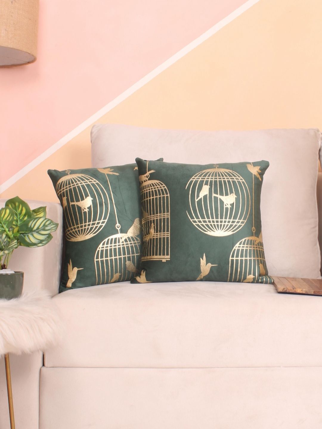 STITCHNEST Green & Gold-Toned 5 Pieces Quirky Velvet Square Cushion Covers