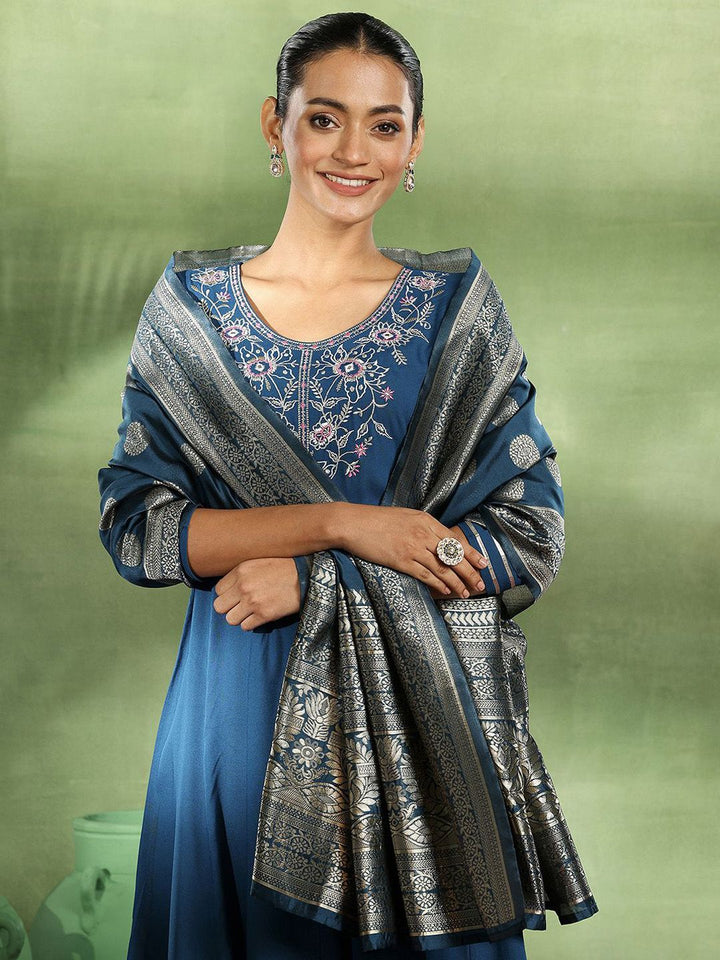 Libas Womens Teal Yoke Design Viscose Anarkali Kurta With Trousers & Dupatta