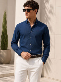 ADRO Men Navy Blue Striped Regular Fit Casual Cotton Shirt