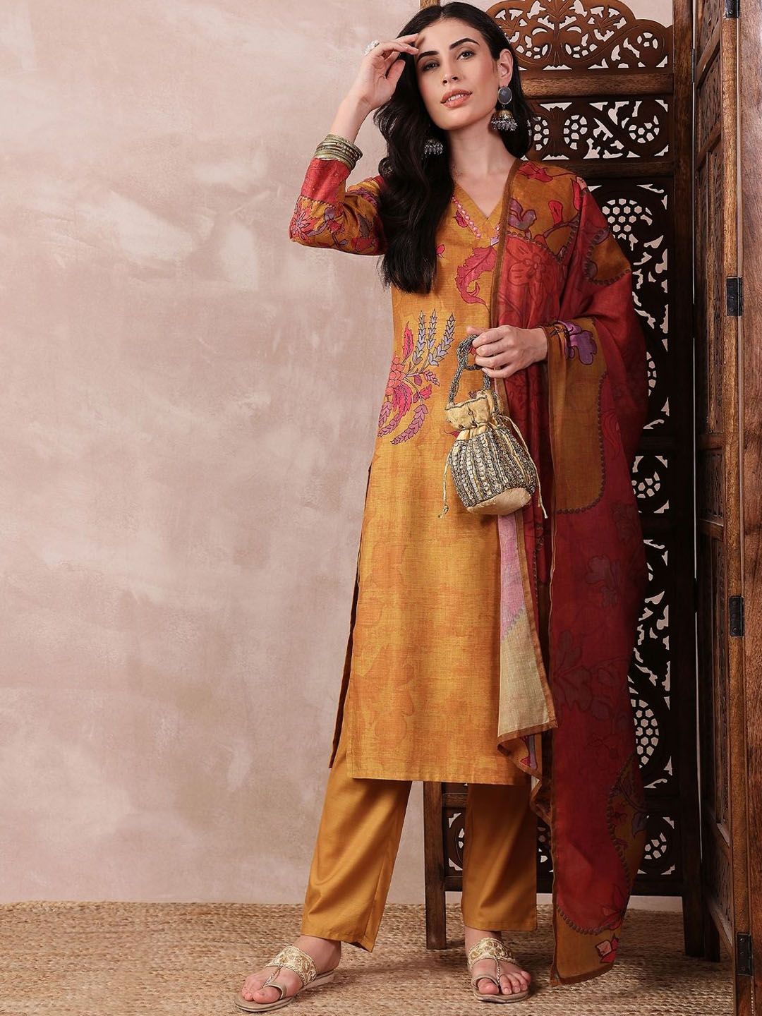 KALINI Floral Printed Mirror Work Straight Kurta with Trouser And Dupatta