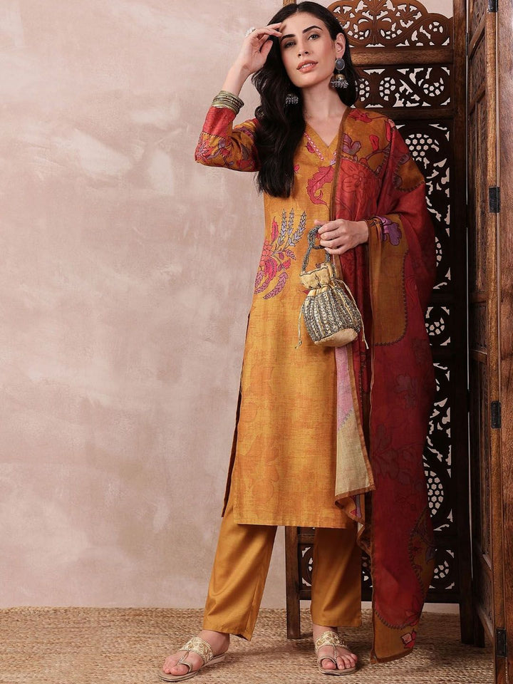KALINI Floral Printed Mirror Work Straight Kurta with Trouser And Dupatta