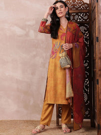 KALINI Floral Printed Mirror Work Straight Kurta with Trouser And Dupatta