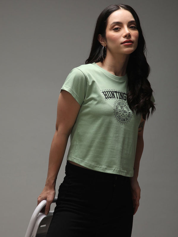 DILLINGER Women Regular Cropped Crew Neck Varsity Printed Tshirt