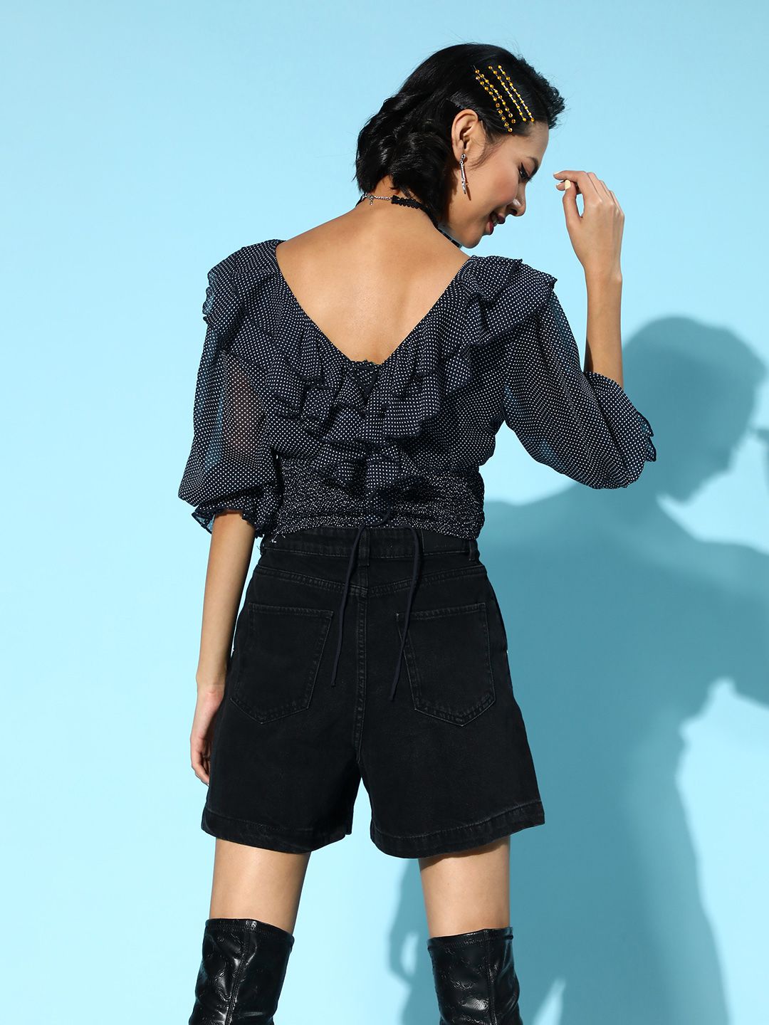 Antheaa Women Deep Navy Blue Polka-Dotted Top