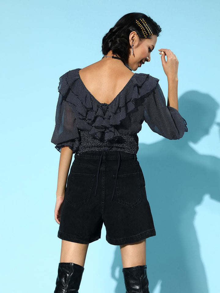 Antheaa Women Deep Navy Blue Polka-Dotted Top