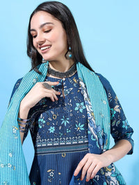 Vishudh Women Blue Ethnic Motifs  High Slit Pure Kurta With Palazzo & With Dupatta