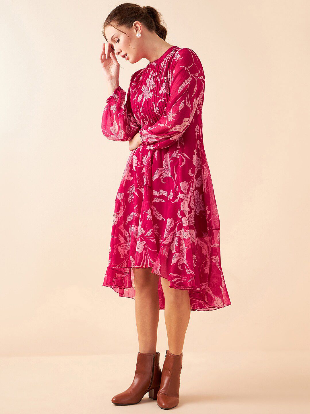 Antheaa Floral Printed High Neck Puff Sleeves Pleated Detailed Chiffon A-Line Midi Dress