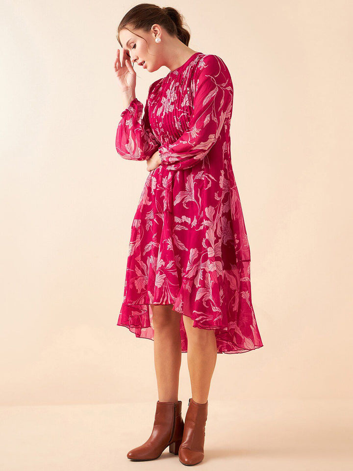 Antheaa Floral Printed High Neck Puff Sleeves Pleated Detailed Chiffon A-Line Midi Dress