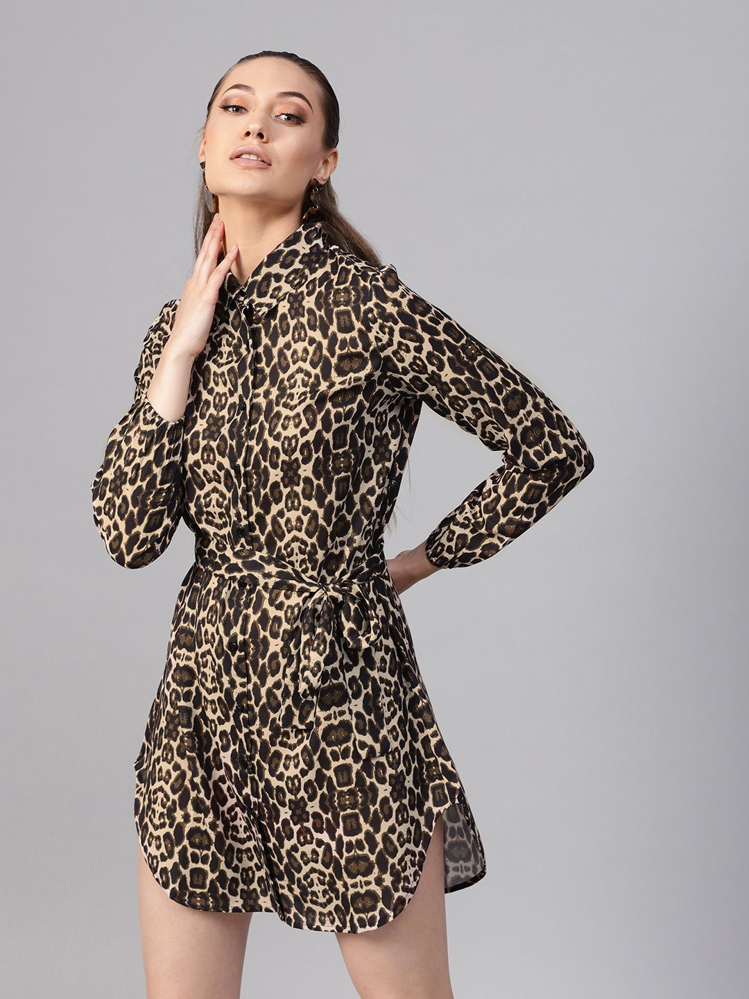 SASSAFRAS Black & Beige Animal Print Mini Shirt Dress